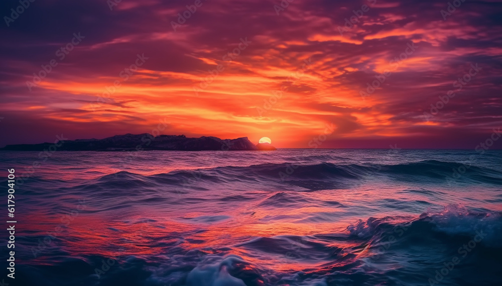 Vibrant sunset sky reflects on tranquil water, idyllic seascape beauty generated by AI