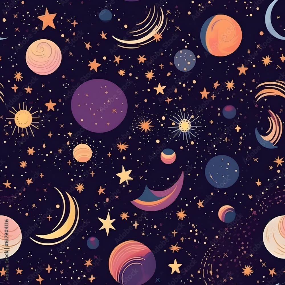 A seamless pattern inspired by the cosmos, featuring celestial elements such as stars, planets, and galaxies, creating a dreamy and enchanting design. Generative AI