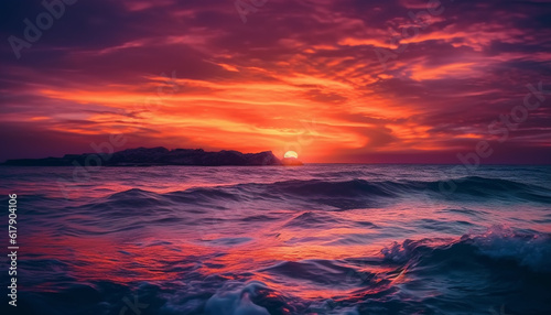 Vibrant sunset sky reflects on tranquil water, idyllic seascape beauty generated by AI © Jemastock