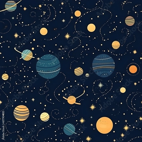 A seamless pattern inspired by the cosmos  featuring celestial elements such as stars  planets  and galaxies  creating a dreamy and enchanting design. Generative AI