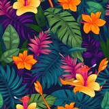 A seamless pattern with tropical elements like palm leaves, exotic flowers, and vibrant colors, evoking a sense of paradise and relaxation. Generative AI