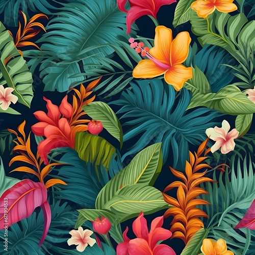 A seamless pattern with tropical elements like palm leaves  exotic flowers  and vibrant colors  evoking a sense of paradise and relaxation. Generative AI