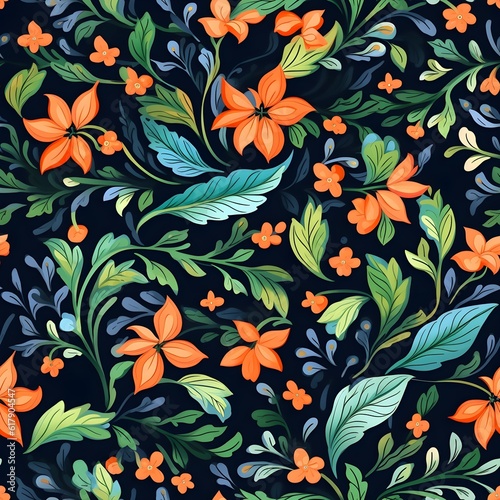 Wallpaper Mural A seamless pattern featuring intricate and colorful floral elements such as flowers, leaves, and vines, creating a vibrant and nature-inspired design. Generative AI Torontodigital.ca