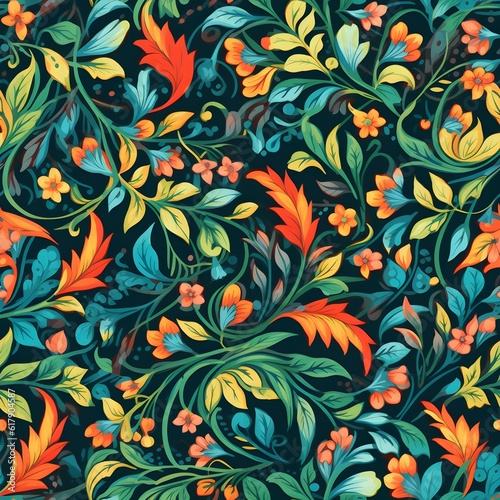 A seamless pattern featuring intricate and colorful floral elements such as flowers  leaves  and vines  creating a vibrant and nature-inspired design. Generative AI