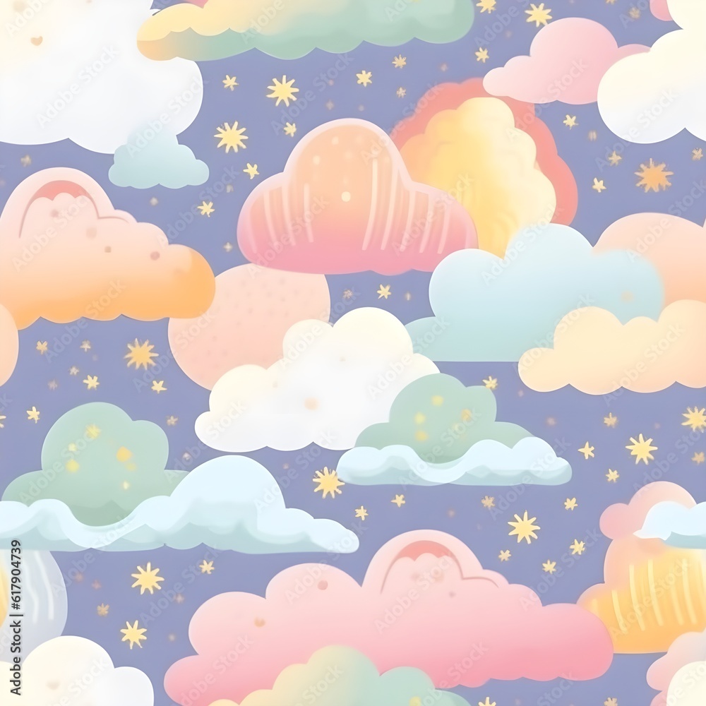 A seamless pattern in soft and delicate pastel colors, featuring elements like clouds, stars, rainbows, and flowers, creating a whimsical and dreamy atmosphere. Generative AI A seamless pattern in soft and delicate pastel colors, featuring elements like clouds, stars, rainbows, and flowers, creating a whimsical and dreamy atmosphere. Generative AI