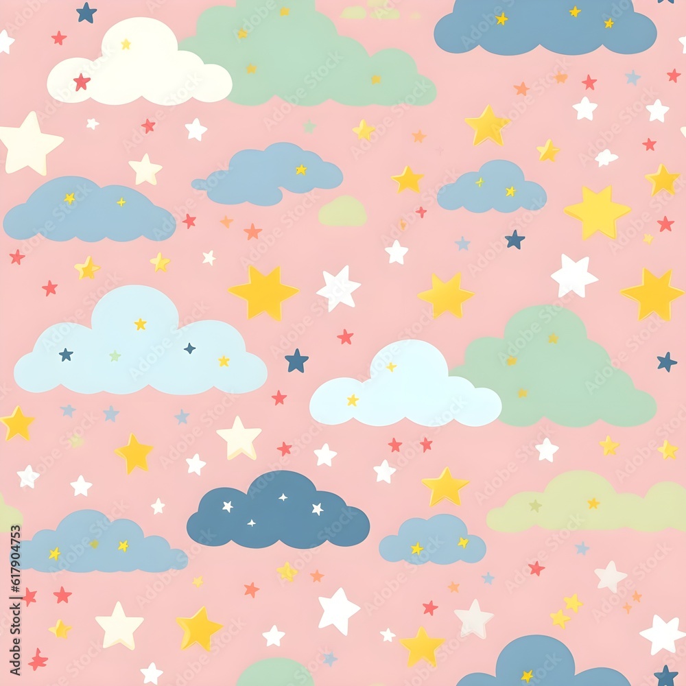 A seamless pattern in soft and delicate pastel colors, featuring elements like clouds, stars, rainbows, and flowers, creating a whimsical and dreamy atmosphere. Generative AI