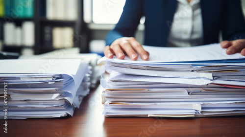 Fotografia Businesswoman hands working in Stacks of paper files for searching information on work desk in office, business report papers