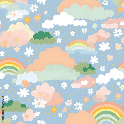 A seamless pattern in soft and delicate pastel colors  featuring elements like clouds  stars  rainbows  and flowers  creating a whimsical and dreamy atmosphere. Generative AI