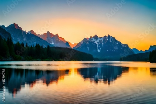 sunrise over the lake in mountains