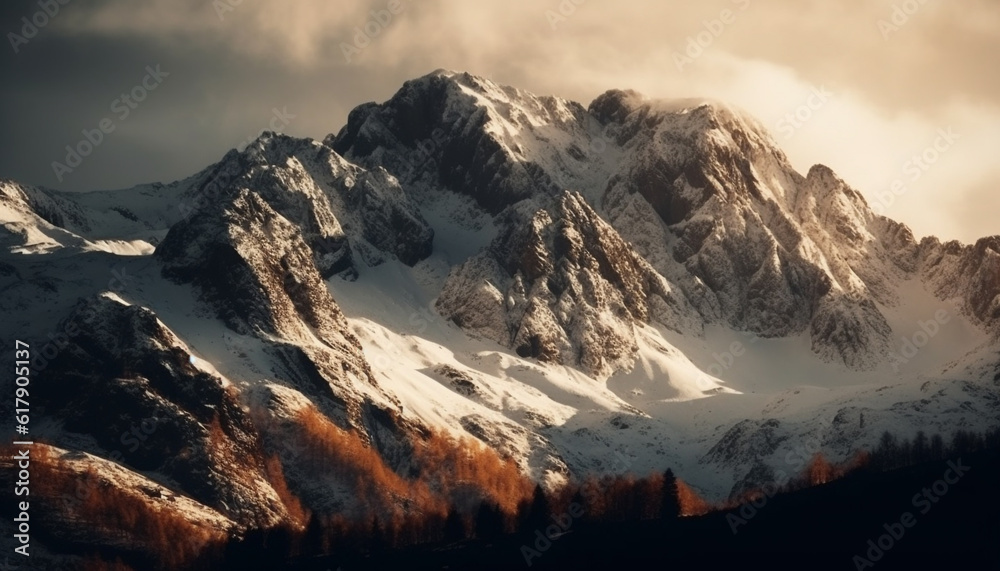 Tranquil scene of majestic mountain range in cold winter weather generated by AI