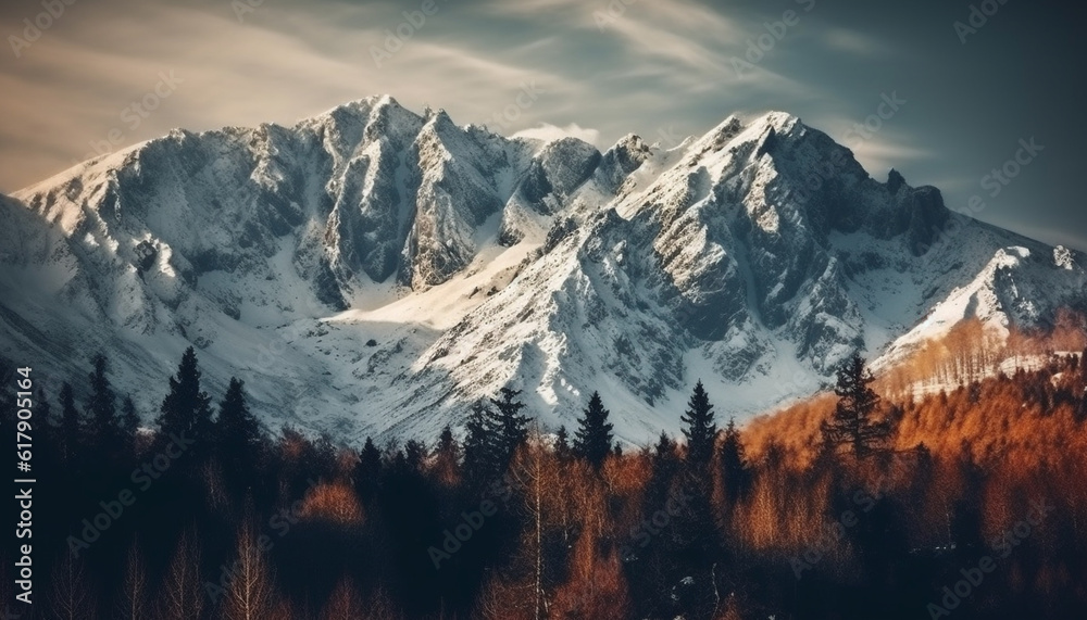 Tranquil scene of majestic mountain range in winter wilderness area generated by AI