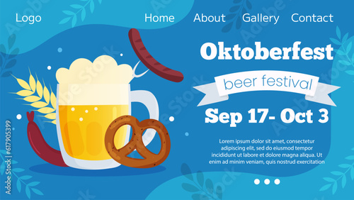 Vector horizontal landing page template banner invitation for Oktoberfest. Autumn beer festival illustration. Beer mugs on blue background and traditional colors flags. Greeting card for social media