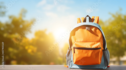 Back to school concept. Backpack with school supplies on nature background. Copy space. Created with Generative AI technology.