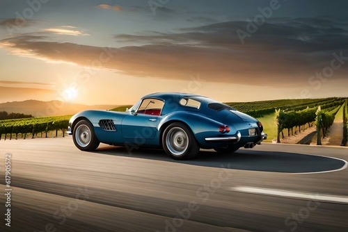 A classic sports car driving through a vineyard, with rows of grapevines and a serene countryside setting. © M. Ateeq