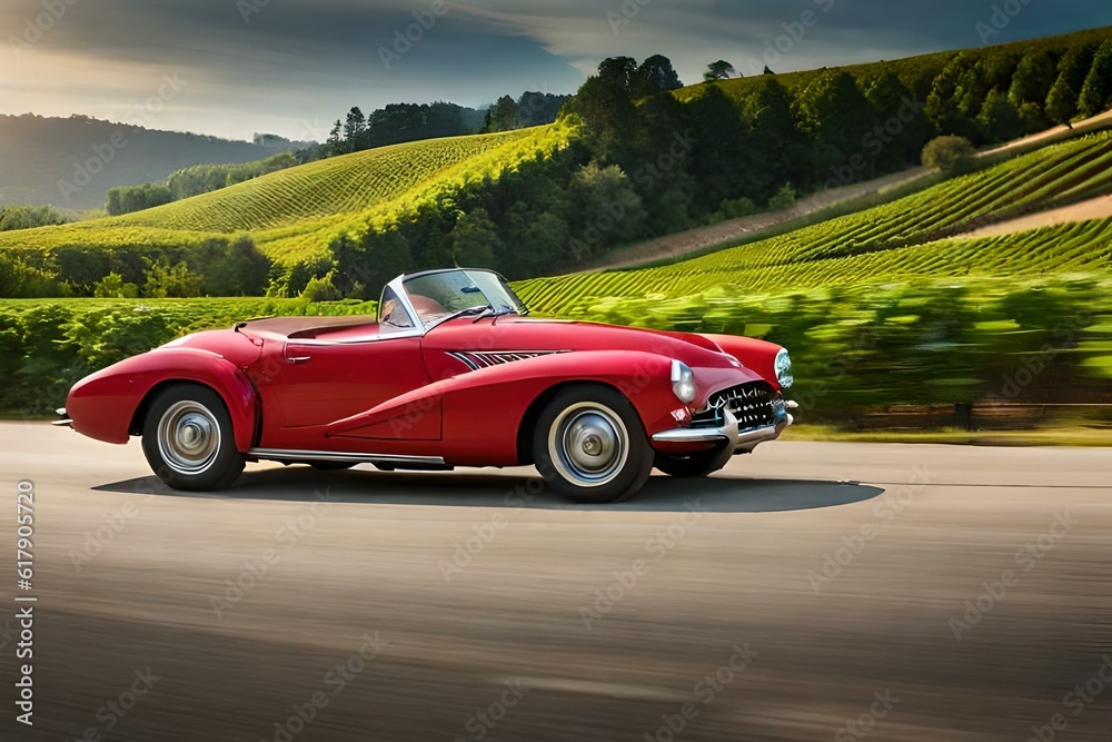A classic sports car driving through a vineyard, with rows of grapevines and a serene countryside setting.