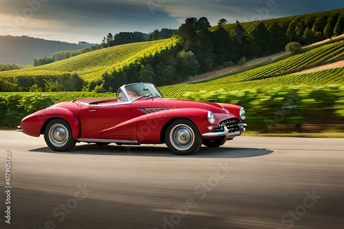 A classic sports car driving through a vineyard  with rows of grapevines and a serene countryside setting.