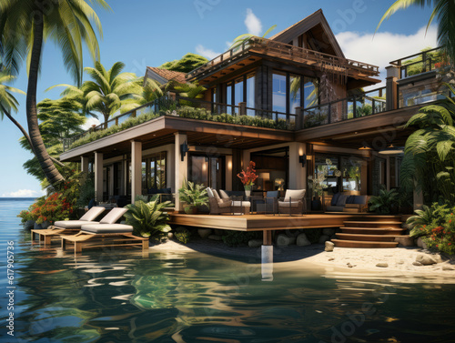 Tropical beach house near pond with boat Coastal HD, Background © ACE STEEL D