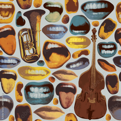 Seamless pattern with colored lips that smile and show tongue and white teeth and double bass with trumpet. Bright vector background with laughing, surprised, excited, angry, singing