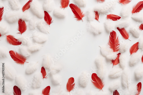 Festive white background with white and red feathers and copy space.AI generated