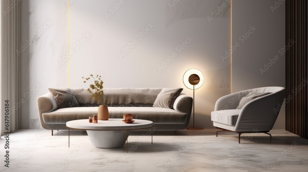Fototapeta premium Modern living room with grey sofa and armchair.3d rendering