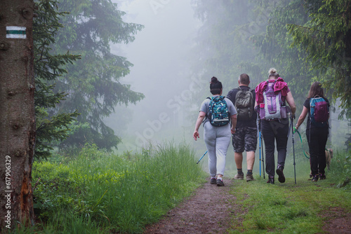 .A group of people walking on a mountain trail through the forest in the fog © Adam