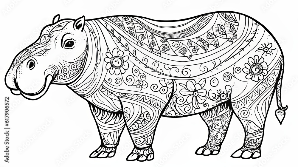 Fototapeta premium Children's coloring with a hippopotamus, black and white graphics with a curly pattern. The development of motor skills of children with drawings. Generative AI 