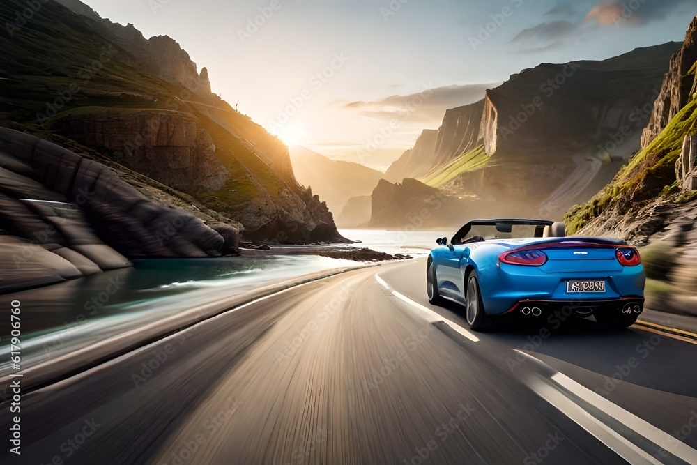 A convertible sports car cruising along a picturesque coastal road, with cliffs, rocky shores, and crashing waves.