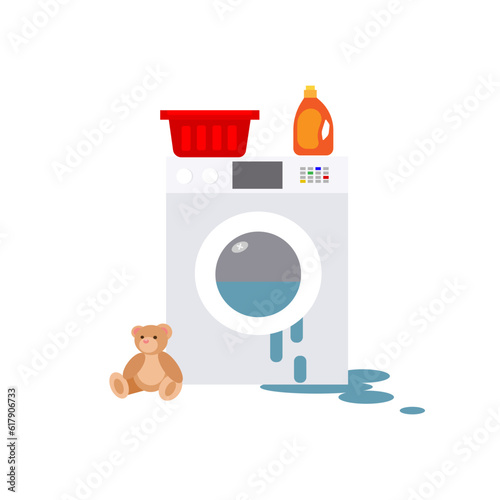 Broken washing machine with children's toy, basket, isolated on white background. Vector illustration