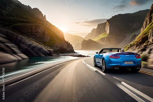 A convertible sports car cruising along a picturesque coastal road, with cliffs, rocky shores, and crashing waves. © Muhammad