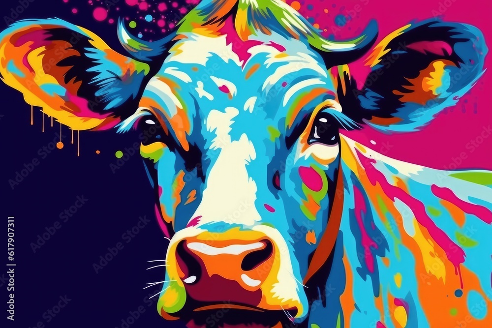 A pop art style colorful cow. (Illustration, Generative AI)