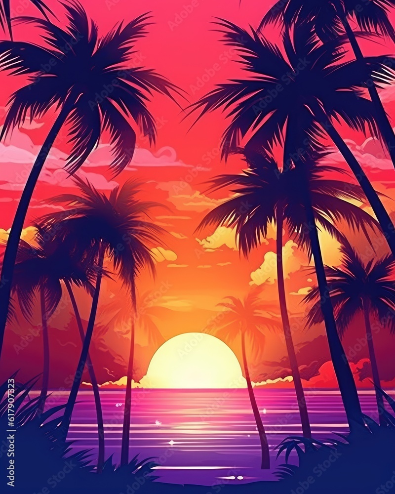 Silhouetted palm trees on sunset beach. (Illustration, Generative AI)