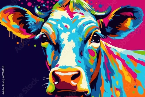 A pop art style colorful cow. (Illustration, Generative AI) © HandmadePictures
