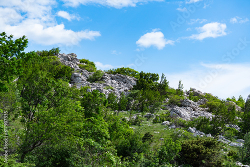 View over the hilly landscape of the Croatian Coastal Mountains.