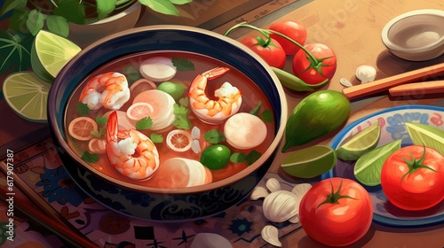 Thailand food: spicy shrimp soup, close up. (Illustration, Generative AI)