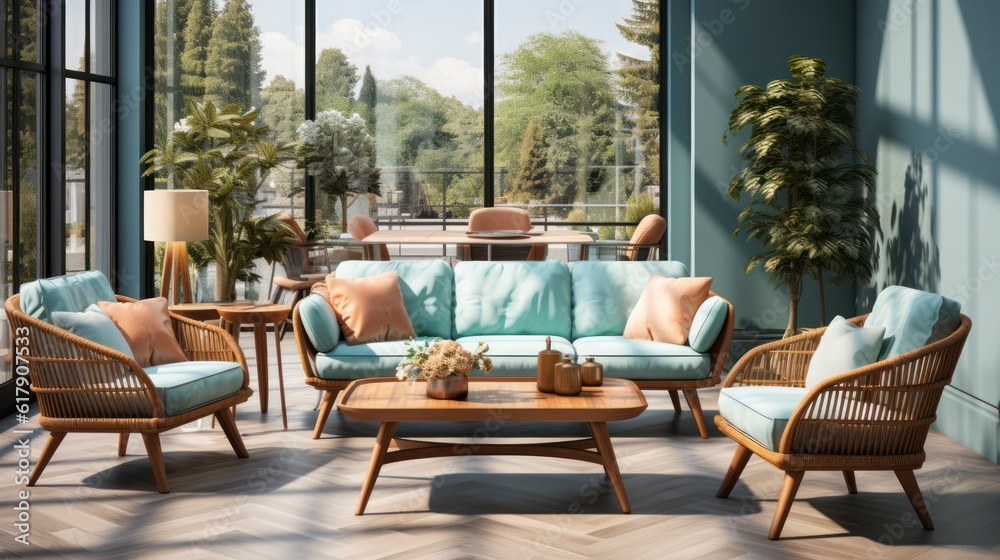 Home interior mock-up with turquoise armchairs, table and pampas, 3d render. Created with generative AI.