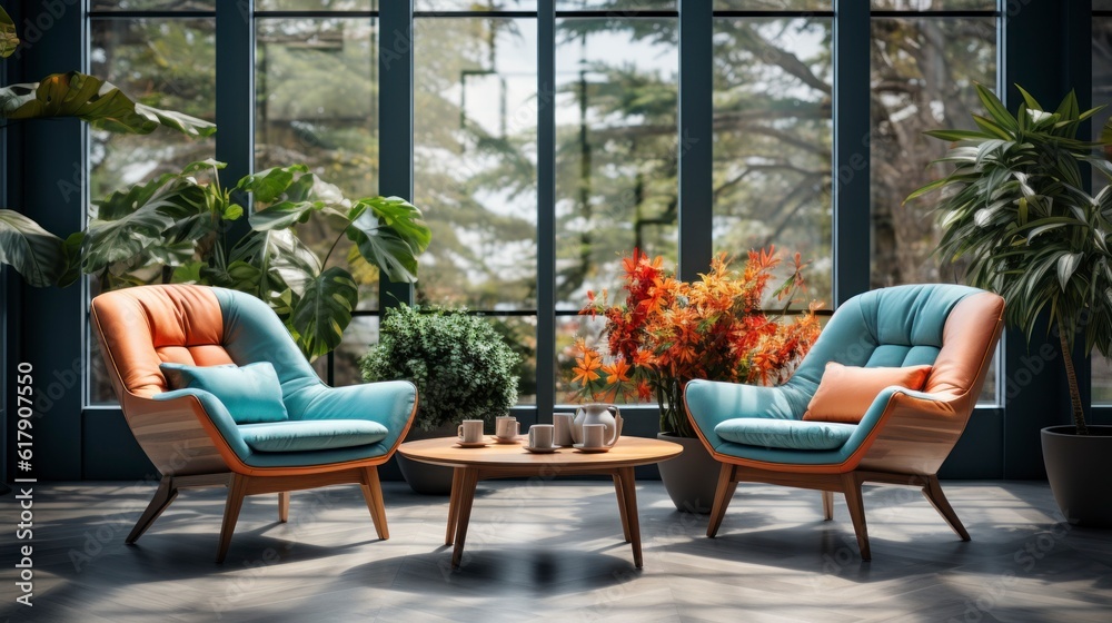 Fototapeta premium Home interior mock-up with turquoise armchairs, table and pampas, 3d render. Created with generative AI.