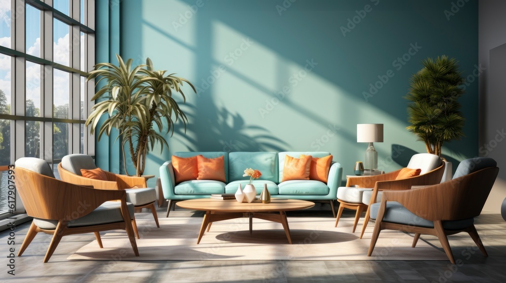 Home interior mock-up with turquoise armchairs, table and pampas, 3d render. Created with generative AI. Home interior mock-up with turquoise armchairs, table and pampas, 3d render. Created with generative AI.