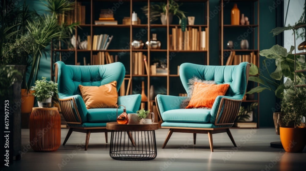 Fototapeta premium Home interior mock-up with turquoise armchairs, table and pampas, 3d render. Created with generative AI.
