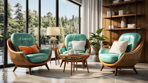 Home interior mock-up with turquoise armchairs  table and pampas  3d render. Created with generative AI.