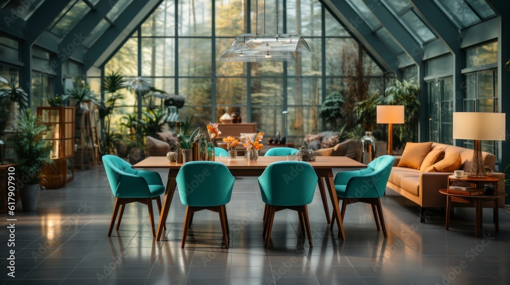 Naklejka premium Home interior mock-up with turquoise armchairs, table and pampas, 3d render. Created with generative AI.