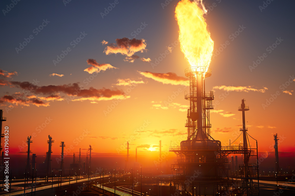 Aerial view of a petroleum refinery burning gas, gas fire from a tower, Generative AI.