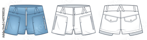 Denim Shorts technical fashion illustration, fashion design. Short Pants fashion flat technical drawing template, front and back view, white, blue, women, men, unisex CAD mockup set.