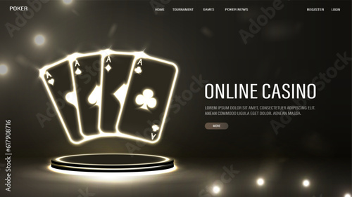 A web banner with neon poker cards in gold on a black podium with bright shiny halogen lamps. A concept for a casino-themed website.