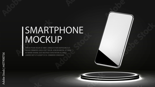 3d black and white glossy smartphone on the podium with neon halogen lamps. A web banner with a mockup phone on the platform.