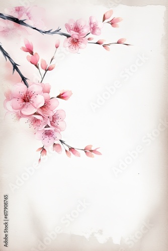 Cherry blossom japanese tree on old paper frame with space for your text. Place for text. Greeting card template.