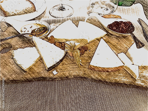 cheese platter - tasters - manga-comic style - ideal for website, presentation, email, greeting card, postcard, book, poster, billboard, slide, playbill, printable -
