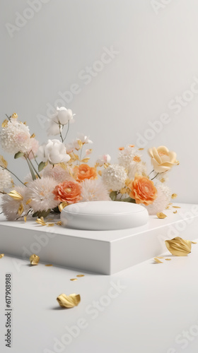 Minimal modern product display on off white background with podium and paper flowers, generative AI