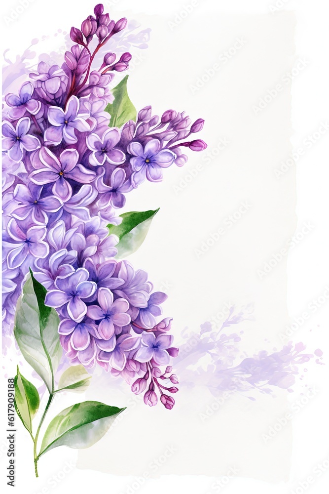 Obraz premium Bouquet of lilac branch on a white background. Watercolor illustration style frame. Place for text. Greeting card template.