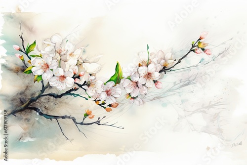 Watercolor painting of apricot or peach or cherry blossom branch. Spring blossom frame poster mockup. Place for text. Greeting card template.
