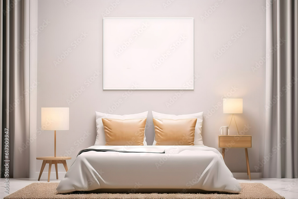 blank rectangular mock up frame with white bezels on a modern bedroom with golden accents blank rectangular mock up frame with white bezels on a modern bedroom with golden accents